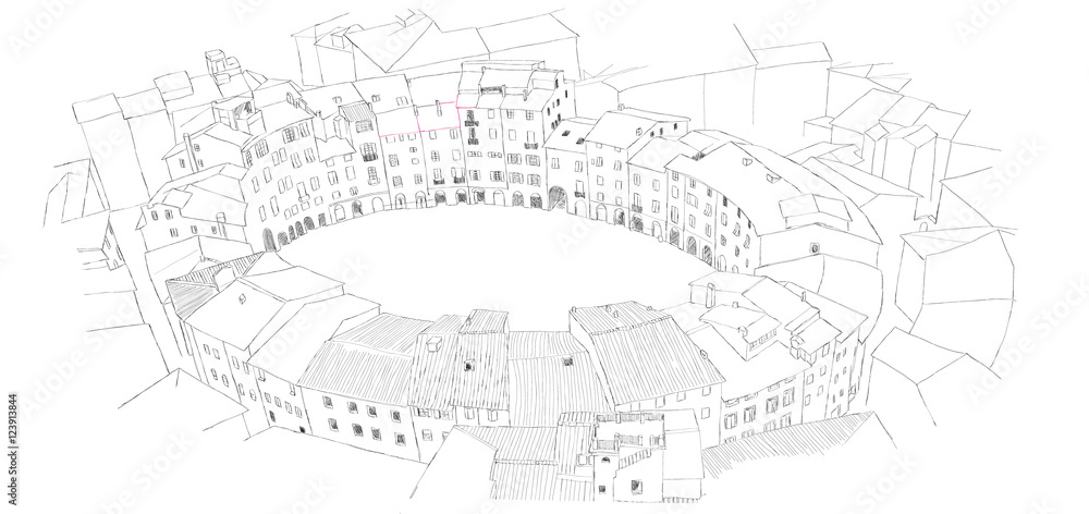 Urban sketch of oval city square in Lucca, Italy - obrazy, fototapety, plakaty 