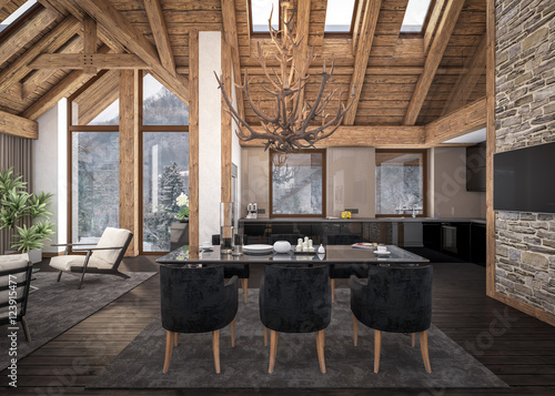 Fotografie, Obraz 3D rendering of living room of chalet