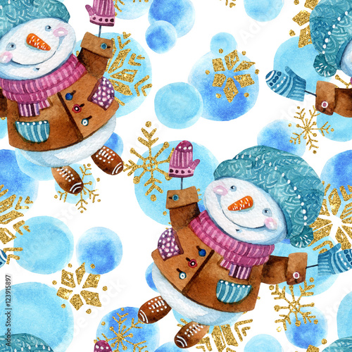 Materiał do szycia Aquarell Cartoon Schneemann im kindlichen Stil Hintergrund.