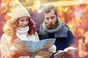 Poster - happy couple with map and city guide in old town