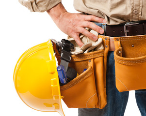 Close up construction worker contractor carpenter tradesman tool belt hard hat  isolated on white background for use alone or as a design element