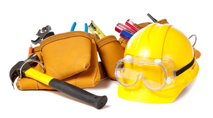 Carpenter contractor construction woker toolbelt and hardhat with tools isolated on white background for use alone or as a design element