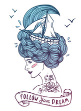 Hand Drawn Color Portrait Of A Dreaming Young Beautiful Woman With Ship In Waves Of Curly Sea-like Hair And Rose Tattoo On Her Neck And Shoulder. Zentangle, Fashion, Marine, Postcard, Vintage Ribbon.