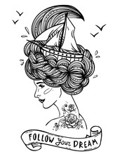 Hand Drawn Portrait Of A Dreaming Young Beautiful Woman With Ship In Waves Of Curly Sea-like Hair And Rose Tattoo On Her Neck And Shoulder. Zentangle, Fashion, Marine, Postcard, Vintage Ribbon.