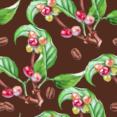 Background tree branch coffee. Seamless pattern. Watercolor illu