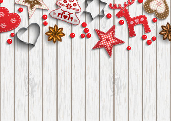 Wall Mural - Christmas background, small scandinavian styled decorations lying on white wooden backdrop, illustration