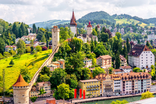 Photographie Top view on the old town with fortification wall and towers in Lucerne city in S