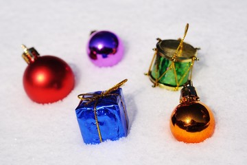 Christmas balls in the snow closeup