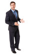 © Eric Hood - Full-length businessman lawyer financial advisor executive presenting demonstrating explaining isolated on white background
