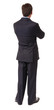 © Eric Hood - Full-length businessman lawyer financial advisor executive rear view facing away with arms crossed looking at watching something isolated on white background