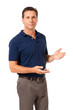 © Eric Hood - Causal dress businessman in blue polo shirt showing explaining presenting gesturing isolated on white background