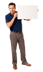 Wall Mural - Full-length male man causal businessman with blank sign isolated on white background