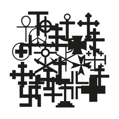 Wall Mural - Cross Icon black silhouette set. Ancient cross signs. Chaos. Raster illustration.