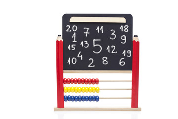 Abacus and black board on white background