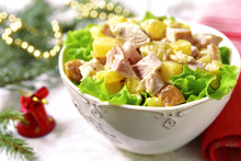 Festive Chicken Salad With Pineapple In A White Bowl.