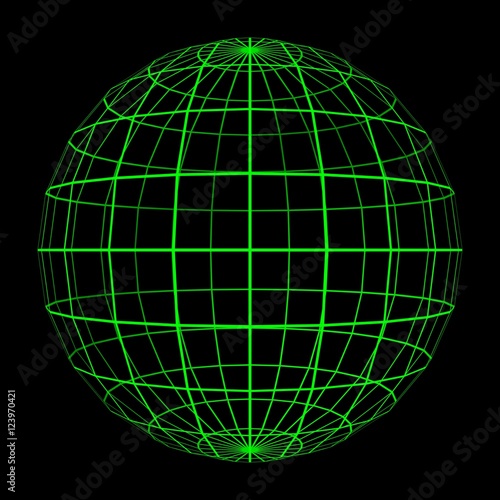 3D Sphere Mesh with Glowing Green Grid Lines 3D Illustration Buy this