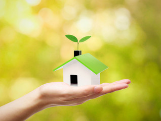 Hand holding a small green house with a young green plant growing on the roof / Ecohouse concept