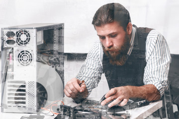 Wall Mural - Engineer repairing CPU components, double exposure. Bearded repairman fixing computer circuit at repair shop. Electronic development, construction, renovation concept