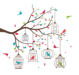 Wall Mural - Colorful tree with birds and birdcages