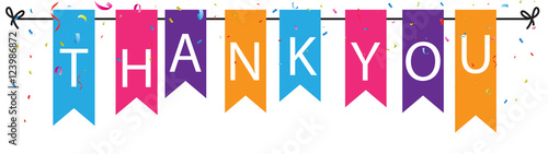 Fotografía Thank you sign with colorful bunting flags and confetti background