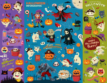 Vintage Halloween Poster Design Set With Vector Vampire, Witch, Mummy, Wolf Man, Ghost, Reaper, Zombie, Pirate Character.