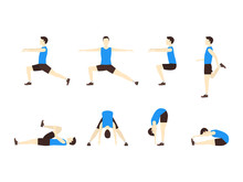 Stretching Exercise Set With Man Flat. Vector