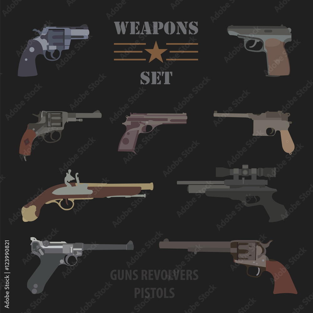 Firearm set. Guns, pistols, revolvers. Flat design Stock Vector | Adobe ...