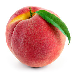 Sticker - Peach. Fruit with leaf isolated on white. With clipping path.