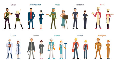 Wall Mural - Different professions set. Isolated cartoon characters on white background. All kinds of professional activities as teacher, doctor, firefighter and more.