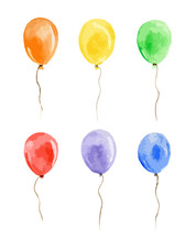 Watercolor Balloons Set On White Background. Beautiful And Colorful Balloons For Decoration For Holidays.