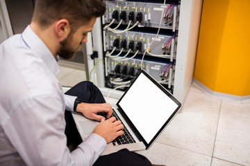 Wall Mural - Technician using laptop while analyzing server