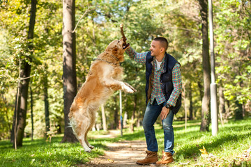 young man walking a dog at the park in good weather. boy and golden retriever. autumn environment