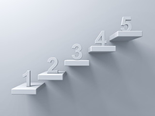 Leinwandbilder - Abstract stairs or steps concept on white wall background with number one to five 3D rendering