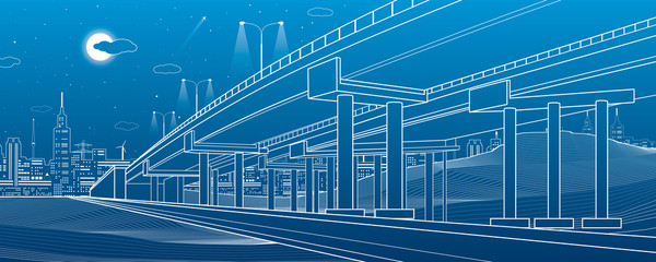 Wall Mural - Automotive overpass, architectural and infrastructure illustration, transport flyover, highway, white lines urban scene, night city on background, vector design art