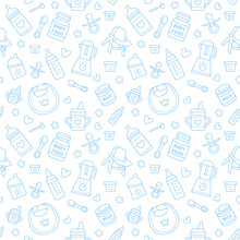 Seamless Pattern Baby Food, Pastel Color, Vector Illustration. Infant Feeding Thin Line Icons. Cute Repeated Blue Texture, Baby Item For Packaging, Baby Shower Card, Fabric. Birthday Invitation Design