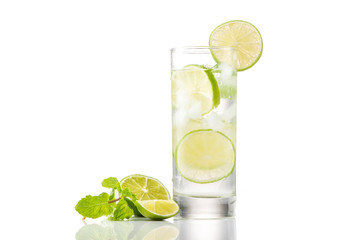 Full glass of water with lemon and mint isolated on white background