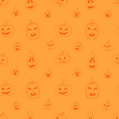 Canvas Print - Vector seamless pattern with carved pumpkins on orange background. Bright orange wrapping paper for Halloween. 