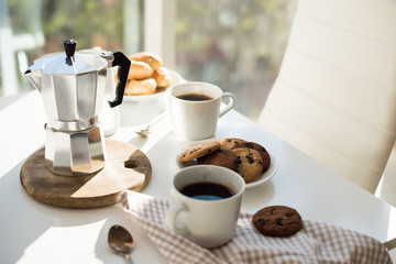 Early morning french home breakfast with coffee