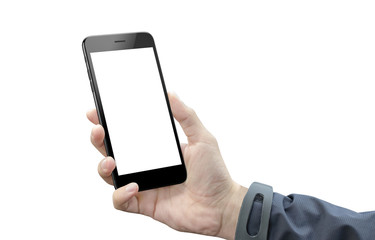 Poster - Smart phone in man hand isolated. Blank screen of mobile device for mockup. White background.