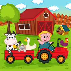 Wall Mural - farm animals ride on the tractor in the yard - vector illustration, eps