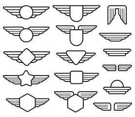 wing army emblems, aviation badges, pilot labels line vector set