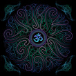 chaotic blue and green circular floral pattern, decorative elements corners and sacred symbol Om, vector