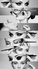 Wall Mural - beauty collage. faces of women. fashion photo. makeup artist applies lipstick and eye shadow. woman 