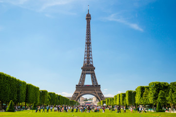 Eiffel Tower view from Champ de Mars in Paris, France