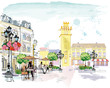 Series of the street cafes with people, men and women, in the old city, watercolor vector illustration.