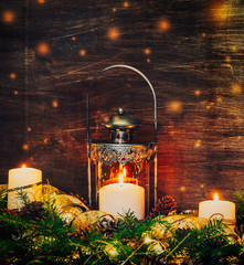 Wall Mural - Vintage old metal lamp.Fir branches, Christmas candles, ornaments and decorations. New year.