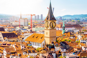 Wall Mural - Aerial view on saint Peter church in Zurich city in Switzerland