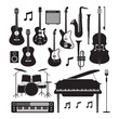 Jazz Music Instruments Silhouette Objects Set, Black and White Symbol and Icons Vector