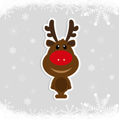 Sticker - Little Deer with antlers on a background of falling snowflakes. Frosty background. Christmas sticker.