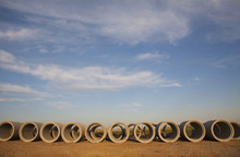 Row Of Storm Sewer Pipes; St. Albert, Alberta, Canada